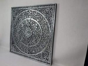 Závěsná dekorace - MANDALA stříbrná černá, dřevo, ruční práce, 100x100 cm