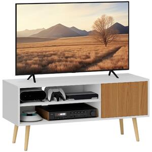 HOMCOM Moderní TV stolek pro obývací pokoj s 2 otevřenými policemi, 1 dvířky a otvorem na kabely pro TV do 55 palců 110x40x50cm Bílá a přírodní | Aoso