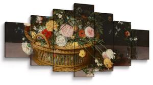 Obraz - Jan Brueghel the Elder, Flowers in a Basket and a Vase, reprodukce (210x100 cm)