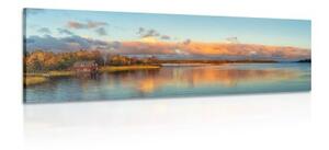 Obraz západ slunce nad klidným jezerem - 120x40 cm