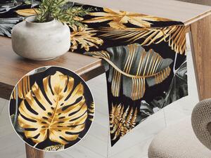 Biante Bavlněný běhoun na stůl Sandra SA-389 Šedozelené a zlaté tropické listy na černém 20x120 cm