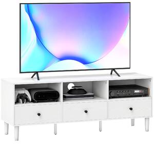 HOMCOM Moderní TV stolek do obývacího pokoje s 3 otevřenými přihrádkami, 3 zásuvkami a otvorem na kabely pro TV 45/55/65 palců 120x34x45 cm Bílý | Aos