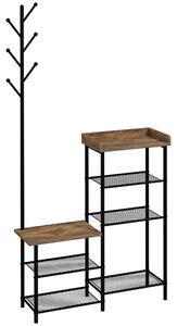 HOMCOM Stojan na kabáty se stáním na boty se 5 policemi, věšák na kabáty se 6 háčky pro zavěšení tašek a oblečení, industriální styl 92,5x28,2x182 cm