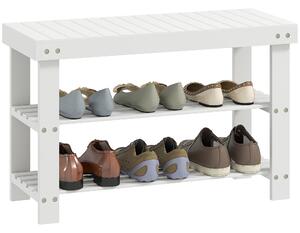 HOMCOM Bambusová botníková lavička se sedadlem, 3-patrový organizér na boty pro 6 párů do předsíně, obývacího pokoje nebo ložnice 70x28x45 cm Bílá | A