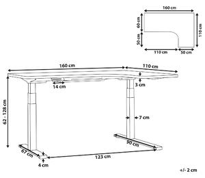 Rohový elektricky nastavitelný psací stůl pravostranný 160 x 110 cm bílý/černý DESTIN II