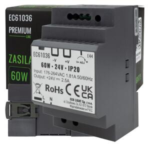 ECOLIGHT Napájecí zdroj na DIN lištu - 24V 60W 2,5A pro IP20 PREMIUM LED pásek
