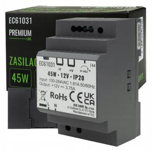ECOLIGHT Napájení na DIN lištu - 12V 45W 3,75A pro IP20 PREMIUM LED pásek