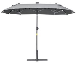 Outsunny Dvojitý slunečník 295x150x219 cm s LED solárními světly, nastavitelné sklopení a manuální klička pro terasu, bazén a pláž, šedý | Aosom