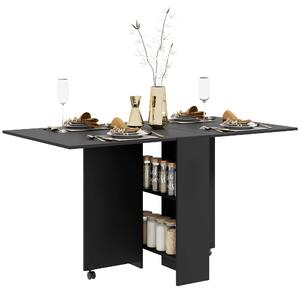 Skládací jídelní stůl HOMCOM s kolečky, skládacími křídly a policemi pro 4-6 osob 75x140x74 cm černý | Aosom