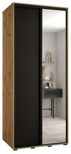 Šatní skříň s posuvnými dveřmi a zrcadlem DAVOS 120cm |DUB Artisan / černá / černé pojezdy