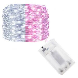 SPRINGOS LED řetěz Nano Duo 10 m, 100 LED, 3x AA, bílá/růžová CL0025