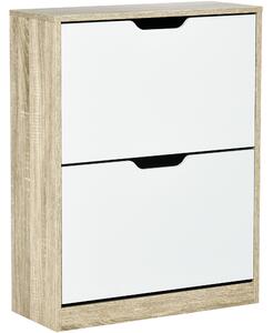 HOMCOM Dřevěný botník s 2 skládacími dvířky a 4 policemi, kapacita pro 8 párů do předsíně, chodby nebo ložnice, 62,5x26x81 cm, bílý a přírodní | Aosom