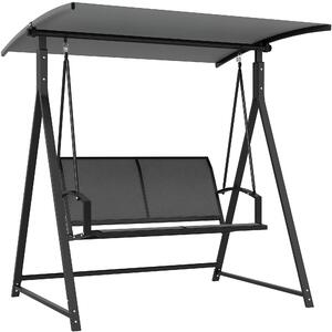 Zahradní houpačka Outsunny 2-místná s nastavitelnou stříškou 90° UV ochrana 30+ a trojúhelníkovým kovovým rámem nosnost 220 kg 160x112x162 cm Tmavě še