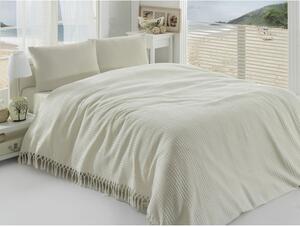 Krémový lehký bavlněný přehoz přes postel na dvoulůžko Pique, 220 x 240 cm