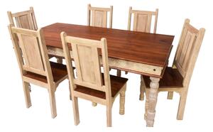 Jídelní stůl z teakového dřeva, ruční řezby, 6 židlí