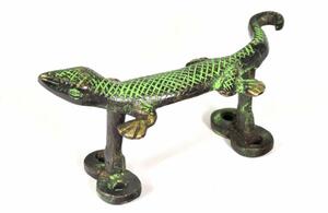Dveřní madlo ještěrka, zelená patina, mosaz, 14cm (0D)