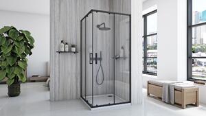Rea City, sprchový kout s posuvnými dveřmi 80x80cm, 5/4mm čiré sklo, černý matný profil + černá sprchová vanička Savoy, KPL-K7448