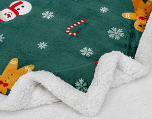 Vánoční tmavě zelená beránková deka z mikroplyše SNĚHULÁK A PERNÍČEK Rozměr: 160 x 200 cm