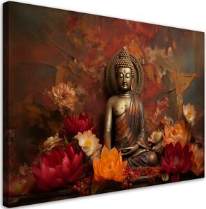 Obraz na plátně Socha meditujícího Budhy a barevné květiny Rozměry: 60 x 40 cm