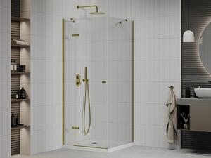 Mexen Roma sprchový kout s otočnými dveřmi 100 x 100 cm, Průhledné, Zlatá + sprchová vanička Flat