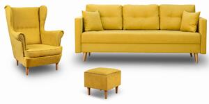 Skandinávská nábytková sestava pohovka s křeslem a pufem Žlutá barva