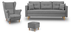 Skandinávská nábytková sestava pohovka s křeslem a pufem šedý