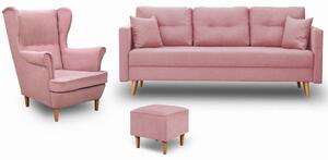 Skandinávská nábytková sestava pohovka s křeslem a pufem Růžová