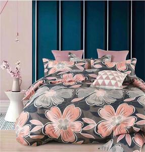 Bavlissimo 2-dílné povlečení 140x200 s růžovými a šedými květy na tmavošedém podladu na jednu postel