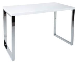 Moderní psací stůl Linear s bílou lesklou deskou a hranatým kovovým nohama ve stříbrné chromové úpravě 120 cm