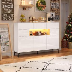 Sweiko 140x30x94cm obývací příborník, se 3 zásuvkami a 5 skříňkami, komoda ve vysokém lesku s LED světelným páskem, skříňka s 5 kovovými nožkami, šířka 140 cm, MDF, bílá barva