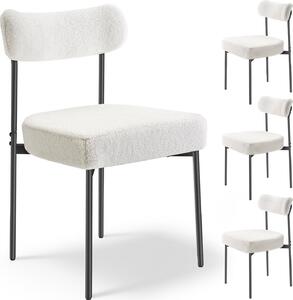 SucceBuy Moderní jídelní židle (sada 4 kusů) Židle s čalouněním Sherpa (nosnost 136 kg) k jídelním stolům, kompaktní kuchyňská židle s ergonomickým opěradlem a robustními černými kovovými nohami, bílá jídelna