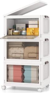 COSTWAY 105L skládací úložný box s víkem, sada 3 plastových boxů, úložné kontejnery s kolečky a dvířky, stohovatelné boxy, 48x34x82cm, bílá barva