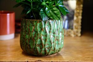 Sytě zelený keramický obal na květináč
