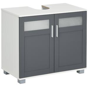 Kleankin Skříňka pod umyvadlo s 2 Dveřmi z Temperovaného Skla a Nastavitelnou Policí 69x35x59 cm Bílá a Šedá | Aosom