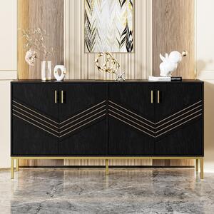 Sweiko Moderní příborník se 4 dvířky - stylový design v černé a zlaté barvě, korpus z MDF s kovovými nohami, velký objem, výškově nastavitelné police - do obývacího pokoje, jídelny a předsíně