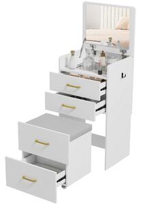 HOMCOM 3-v-1 Toaletní Stolek se Židlí - Toaletní Stolek s Zrcadlem, Zásuvkami a Skleněnou Deskou - Moderní Toaletní Stolek do Ložnice 48x40x90 cm Bílý