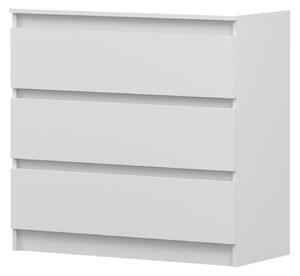 Komoda SOLO 3S, ložnice, příborník 90 cm, bílá/bílá, tři zásuvky, bez úchytek