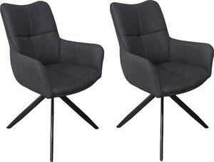 Jídelní židle byLIVING, set 2 kusů, model HAMILTON, otočná o 360 stupňů, potah z tkaniny, tmavě šedá barva, kovová konstrukce, černá barva, kuchyňská židle s područkami, rozměry: šířka 57, výška 90, hloubka 63 cm