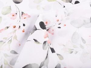Bavlněná látka/plátno Sandra SA-288 Eukalyptus s růžovými květy na bílém - šířka 160 cm