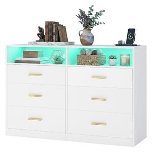 Komoda VASAGLE s LED osvětlením a nabíjecí stanicí, 6 zásuvek, moderní, do ložnice i obývacího pokoje, bílá