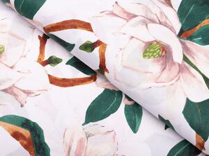 Biante Bavlněný běhoun na stůl Sandra SA-293 Magnolie se zelenými listy na bílém 20x120 cm
