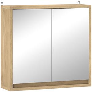HOMCOM Koupelnová skříňka se zrcadlem, 2 dveřmi a nastavitelnou policí, závěsná koupelnová skříňka pro moderní koupelnu 48x14,5x45 cm, přirodní dřevo