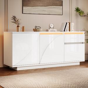 Sweiko 140x40x60cm boční skříňka se 3 skříňkami, komoda s LED, příborník s 1 zásuvkou, skříňky s nastavitelnými policemi, skříňka do obývacího pokoje ve vysokém lesku, MDF, bílá