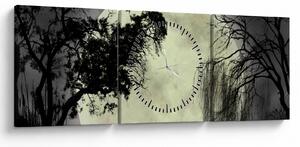 Obraz - Úplněk nad hladinou, černobílá varianta (s hodinami) (90x30 cm)