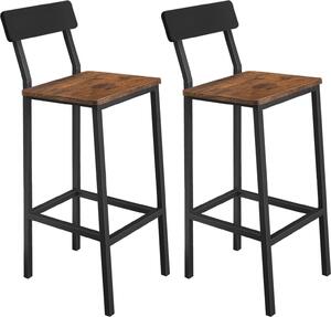 Sada 2 barových židlí BEGRYF s opěrkou – kuchyňské židle vysoké 65 cm, vintage dřevěné sedadlo a kovový rám, industriální design, židle k barovému stolu