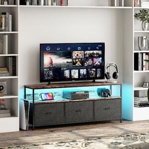 Multifunkční nábytek komoda, TV komoda v barvě tygří kůže s černými látkovými zásuvkami, LED osvětlením, úložným toaletním stolkem a úložnou kuchyňskou skříňkou
