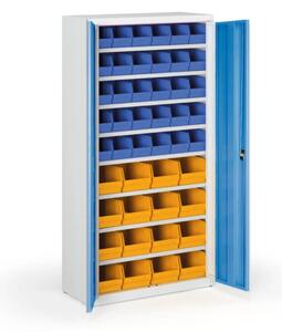 Skříň s plastovými boxy BASIC - 1800 x 400 x 920 mm, 30xB/16xC, šedá/modré dveře