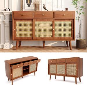 Fortuna Lai Sideboard, komoda se 3 zásuvkami a 3 posuvnými dvířky, ratanové proutí na čelních stranách dvířek, nohy z masivního dřeva, zlaté kovové úchytky, nastavitelné police, ořechová barva, 120 x 40 x 78 cm