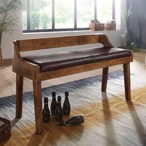 FineBuy čalouněná lavice s opěrkou 108 cm masivní dřevo pravá kůže hnědá – retro lavice do šatny ložnice – lavice do předsíně