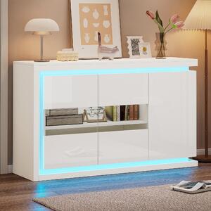 Sweiko 140x40x84cm skříňka do obývacího pokoje,Moderní komoda se 4 přihrádkami, šířka 140 cm,Boční skříňka s LED světelným páskem,Příborník ve vysokém lesku s dvířky z tvrzeného skla,Vhodný do předsíně, obývacího pokoje, kanceláře